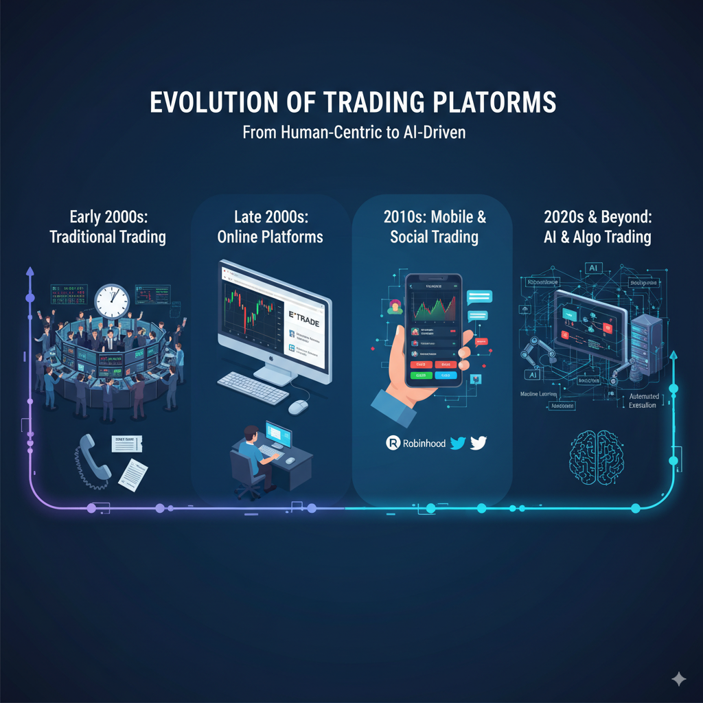 Trading platform evolution timeline from phone to AI era